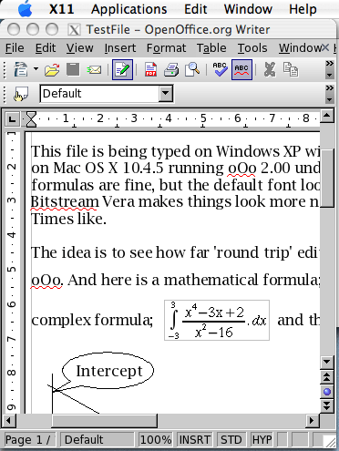 OpenOffice 2 running under x11 on Mac showing a formula produced on Windows Open Office 2.01